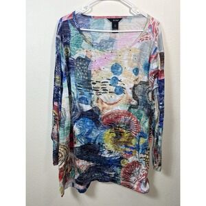 Ali Miles 3X Abstract Print Tunic Top 3/4 Sleeves Wearable Artsy Studded Burnout